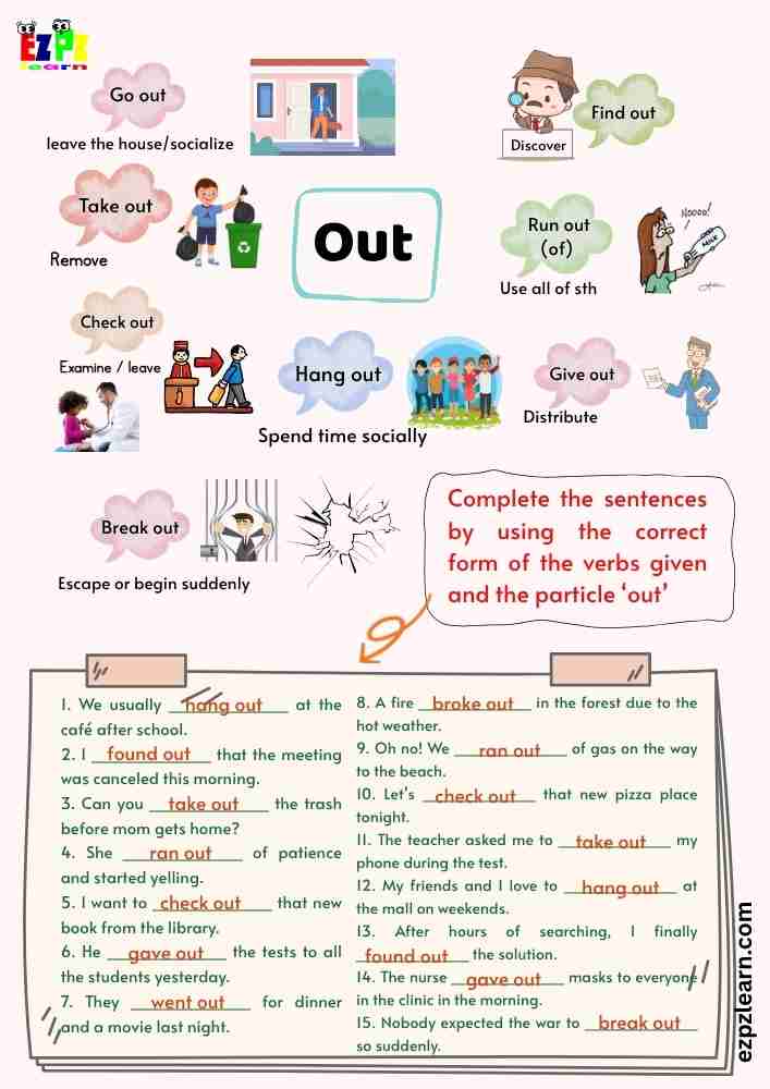  Phrasal Verb “Out” Worksheet – 15 Sentences | ESL Grammar Practice PDF